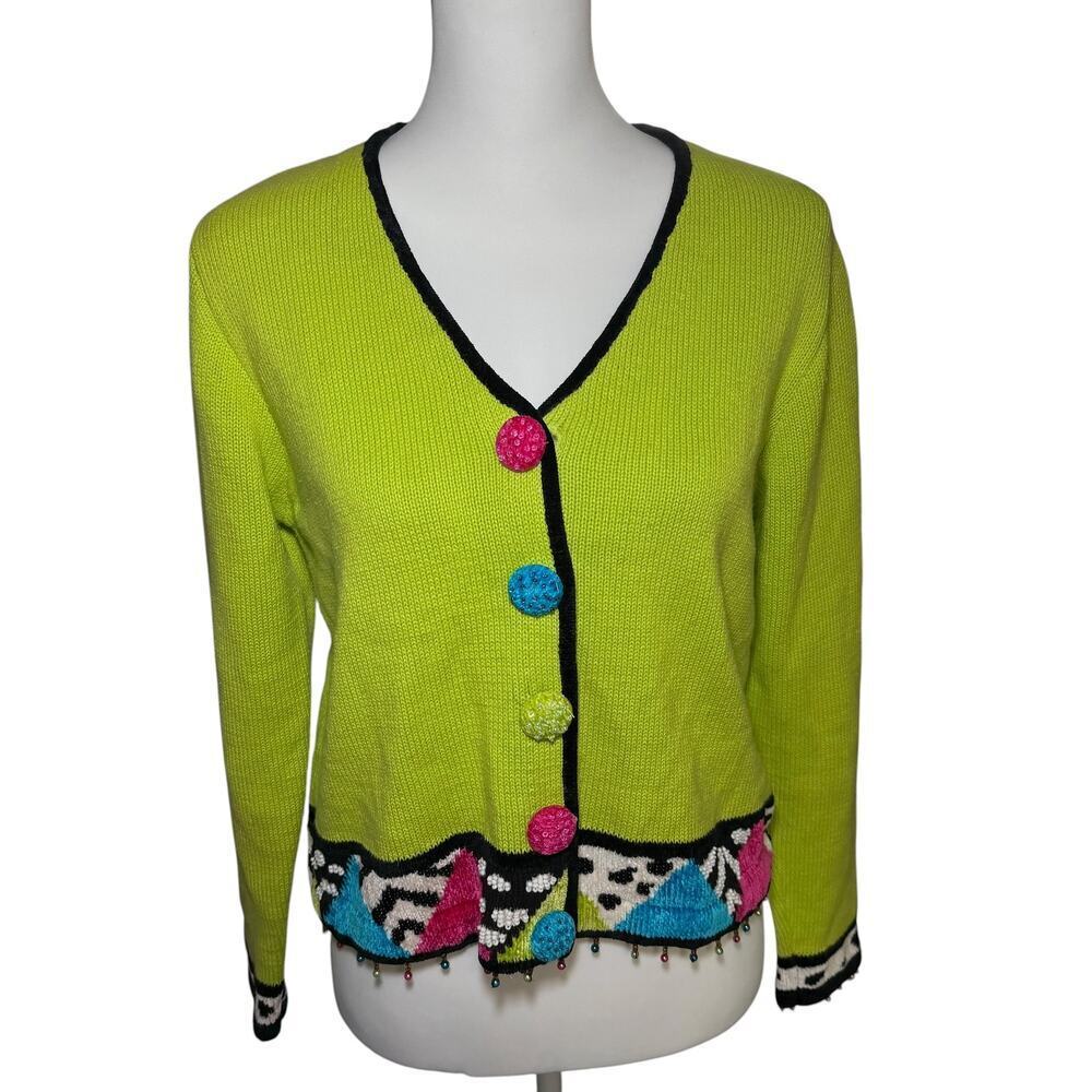 Jack B Quick Vintage 80s Lime Green Beaded Cardigan Size Small